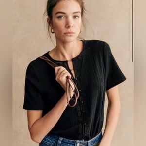 Sezane Laura tshirt organic cotton pointelle black size L NWOT